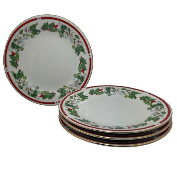 Vintage Lynns St Maria Bread Dessert‎ Plates Set Of 4 Christmas Holly Fine China - Picture 9 of 10